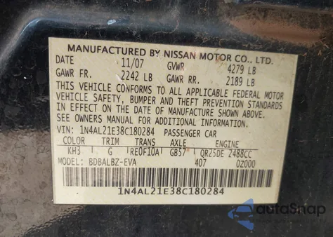 2008 Nissan Altima 2.5 S z USA, uszkodzony, nr VIN 1N4AL21E38C180284